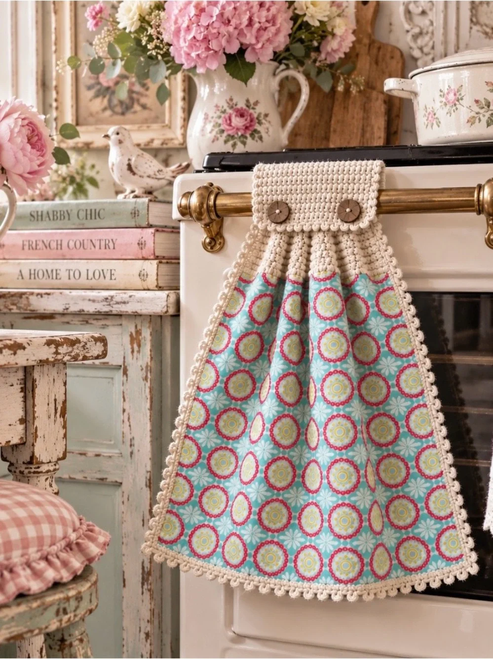 Pioneer Woman Aqua Medallion Crochet Hanging Kitchen Towel